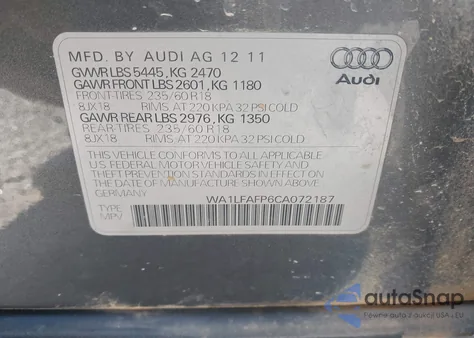2012 Audi Q5 2.0T Premium from USA, damaged, VIN WA1LFAFP6CA072187